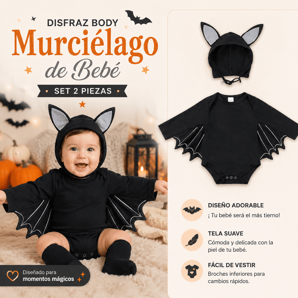 Disfraz body murciélago de bebé - Imagen 6
