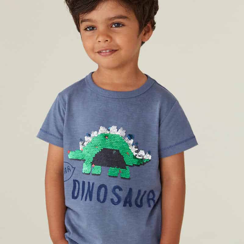 Polera manga corta con dinosaurio de lentejuelas que cambia de color para niños-6563
