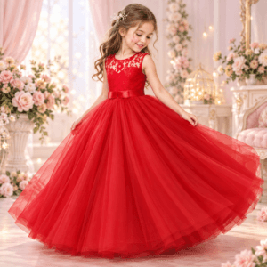 Vestido Largo de Fiesta Infantil con Encaje y Tul