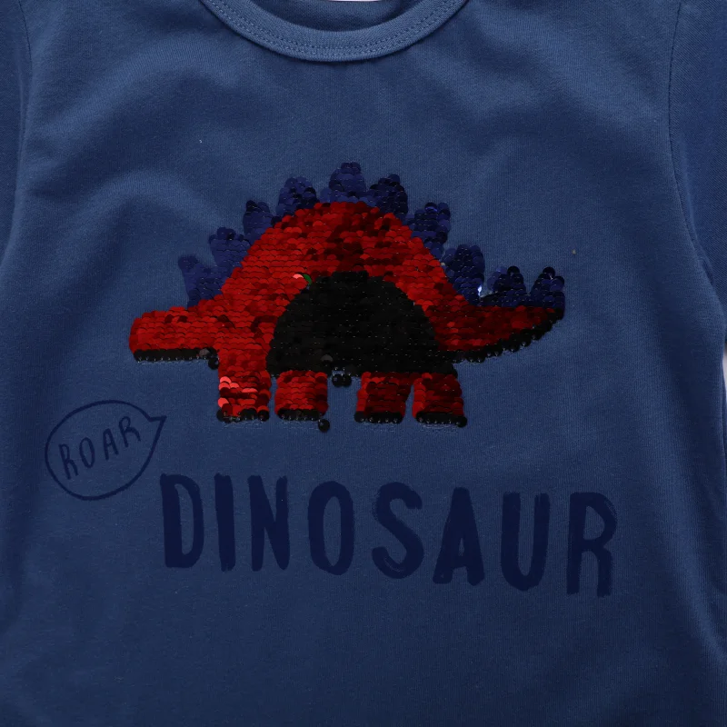 Polera manga corta con dinosaurio de lentejuelas que cambia de color para niños-6563