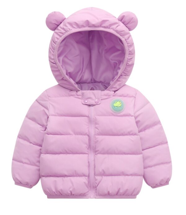 Chaqueta con orejitas de osito y botón luminoso color morado