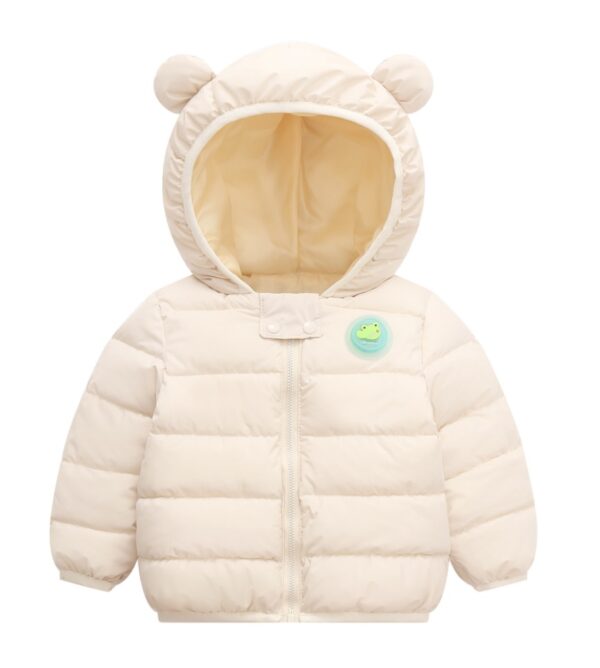 Chaqueta con orejitas de osito y botón luminoso color rosado