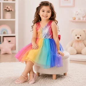 Vestido de Fiesta Infantil Multicolor con Lazo