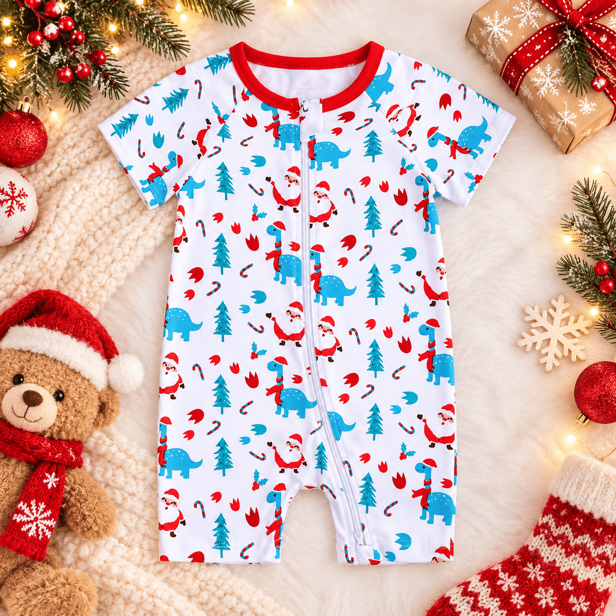 Enterito navideño unisex de manga corta con cierre