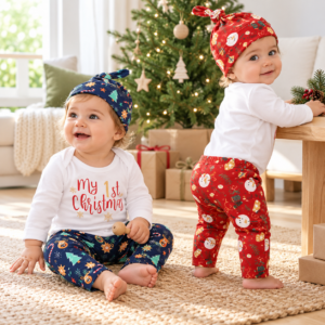 Conjunto Navideño para Bebé Mi Primera Navidad – 3 Piezas con Body, Pantalón y Gorrito
