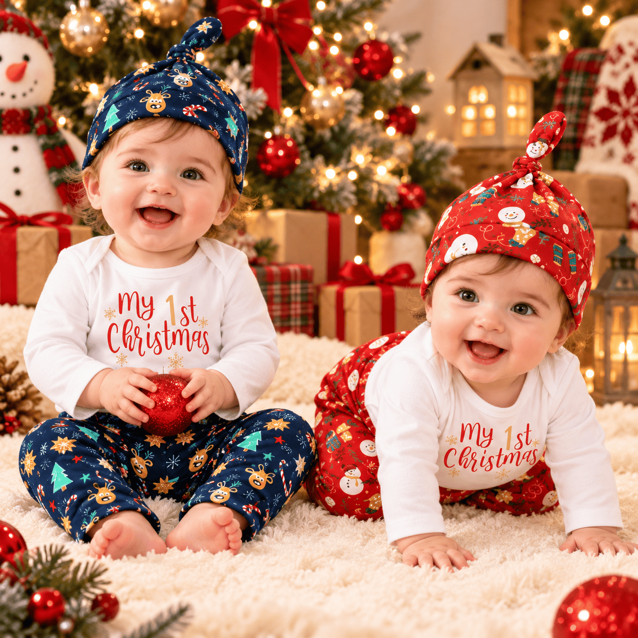 Conjunto navideño de body, pantalón y gorrito