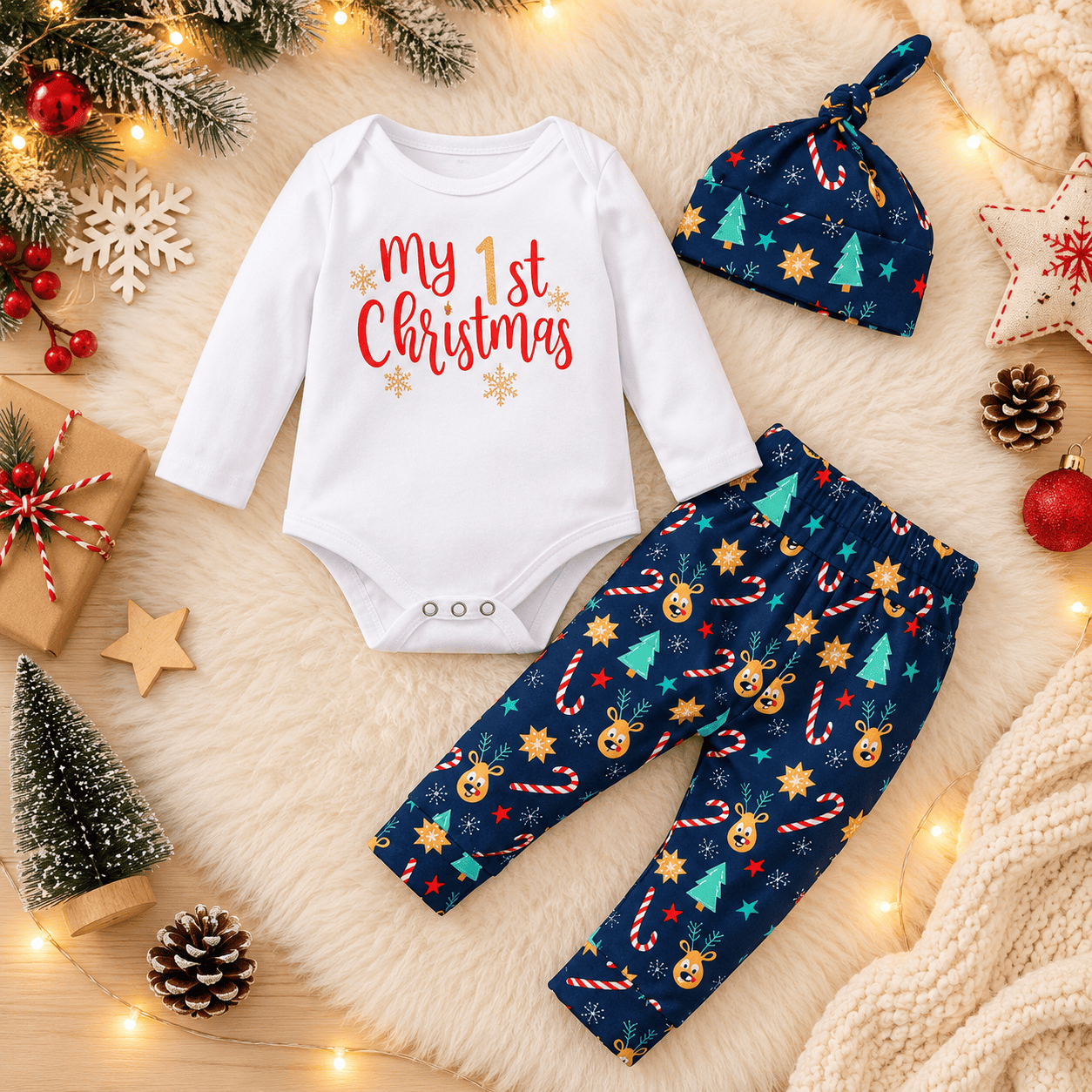 Conjunto navideño de body, pantalón y gorrito