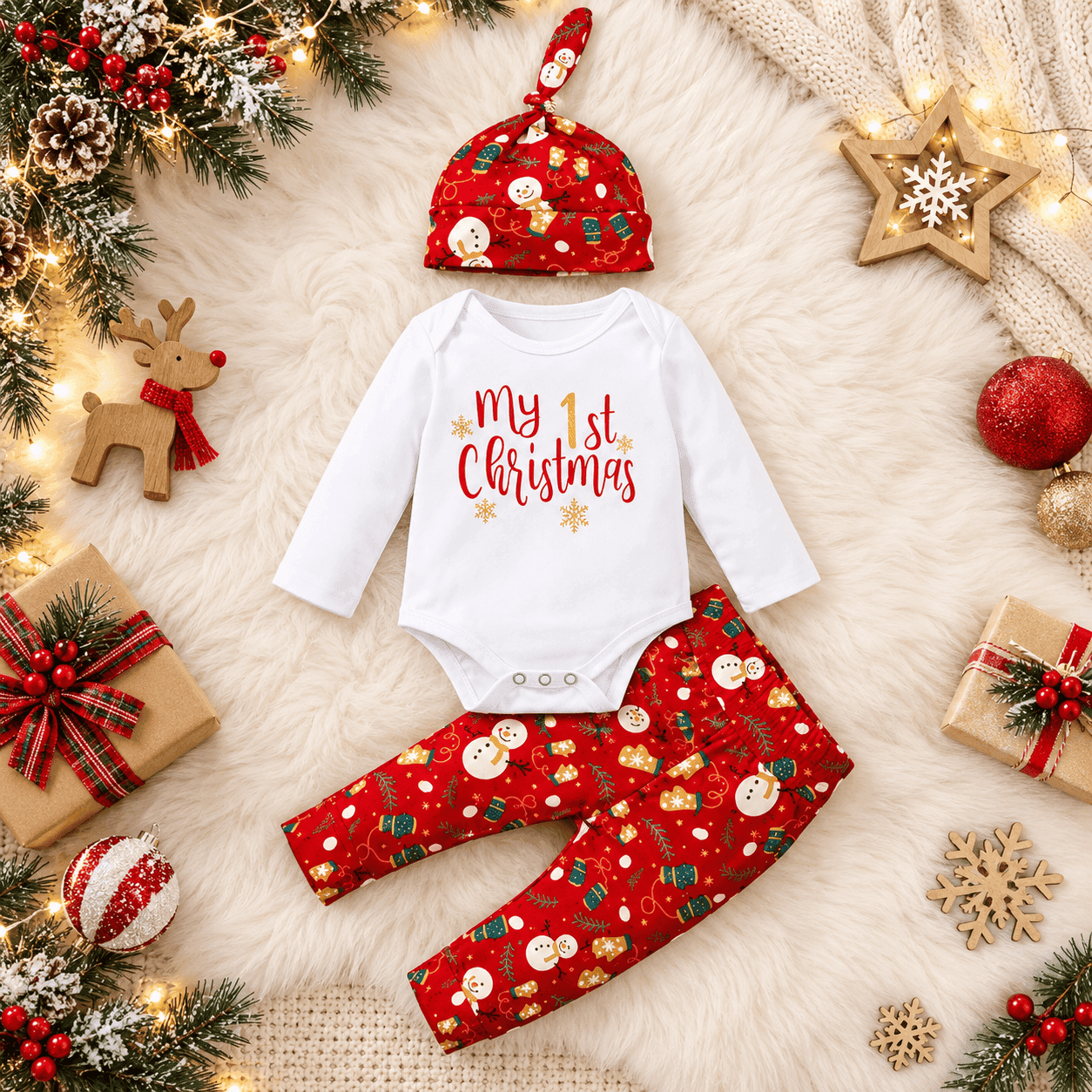 Conjunto navideño de body, pantalón y gorrito