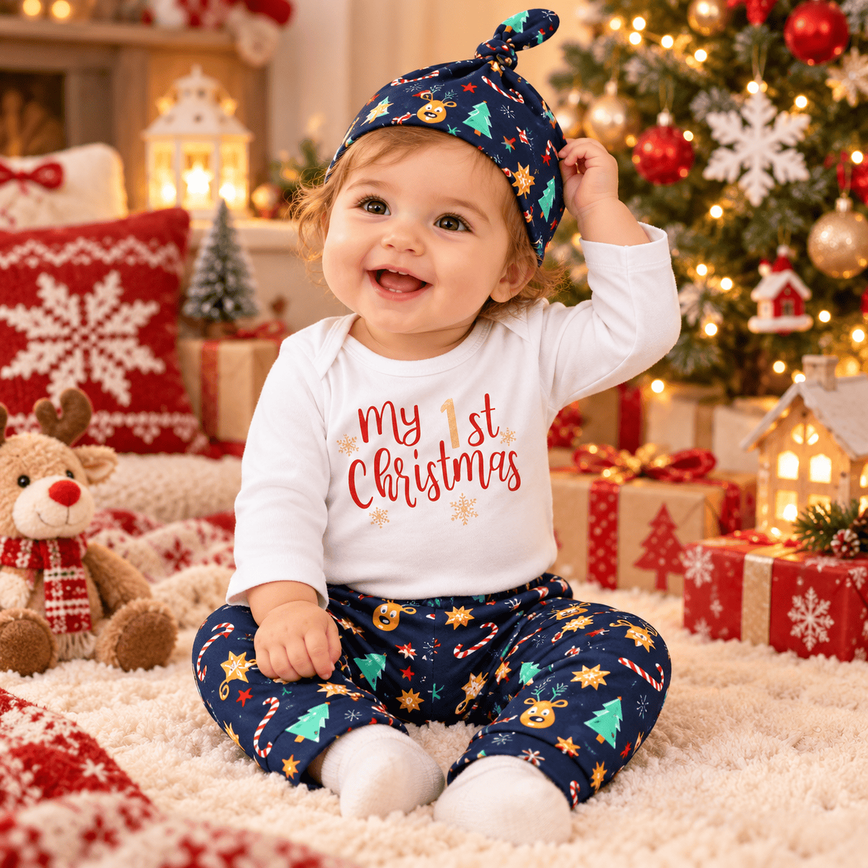 Conjunto navideño de body, pantalón y gorrito