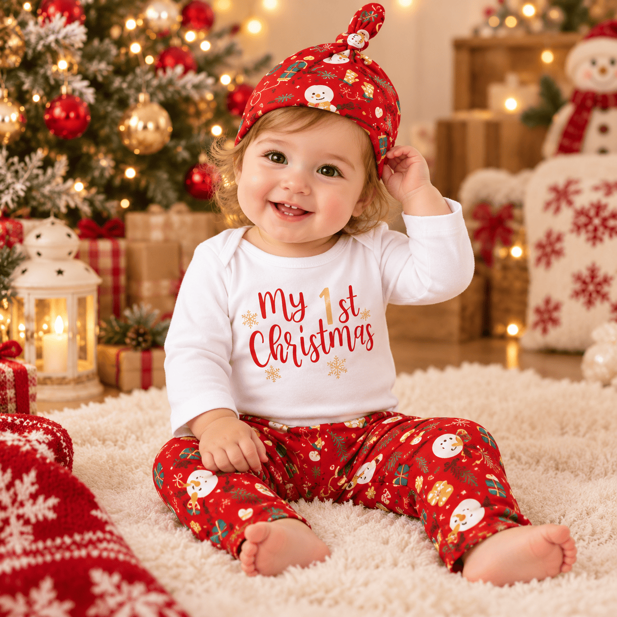 Conjunto navideño de body, pantalón y gorrito