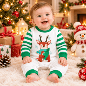 Enterito Navideño para Bebé con Diseño de Reno y Mangas a Rayas – Unisex