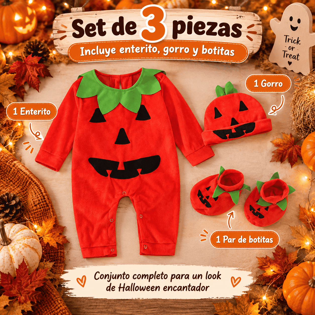 Conjunto infantil de calabaza 3 piezas, detalle