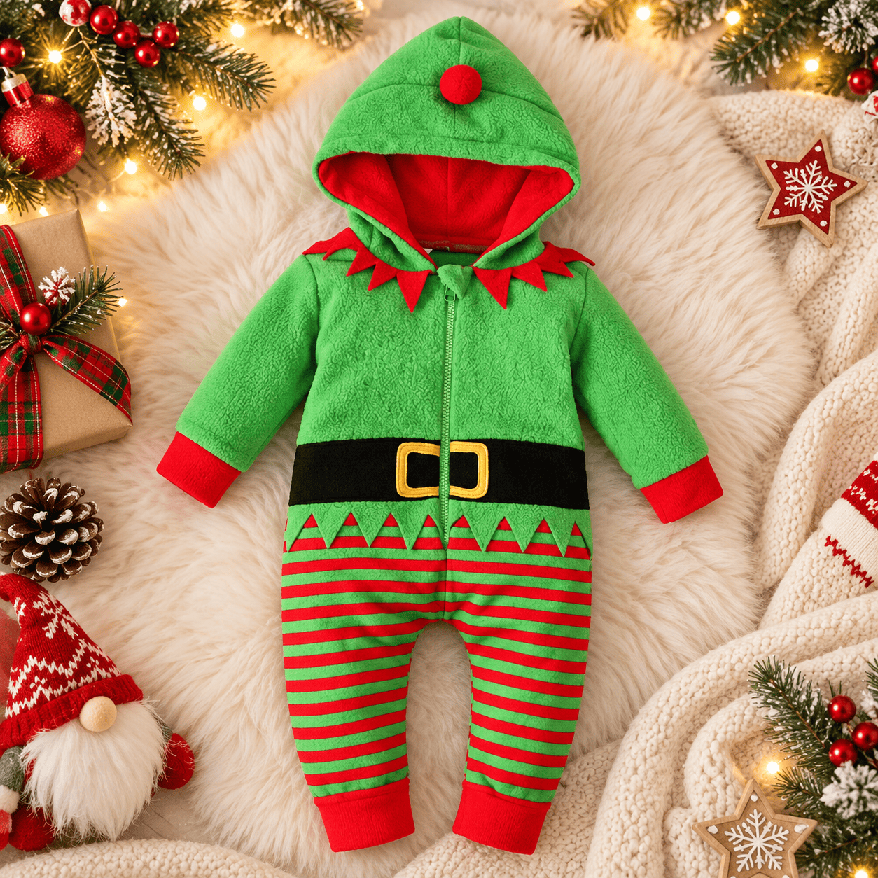 Disfraz navideño de duende para bebé con capucha