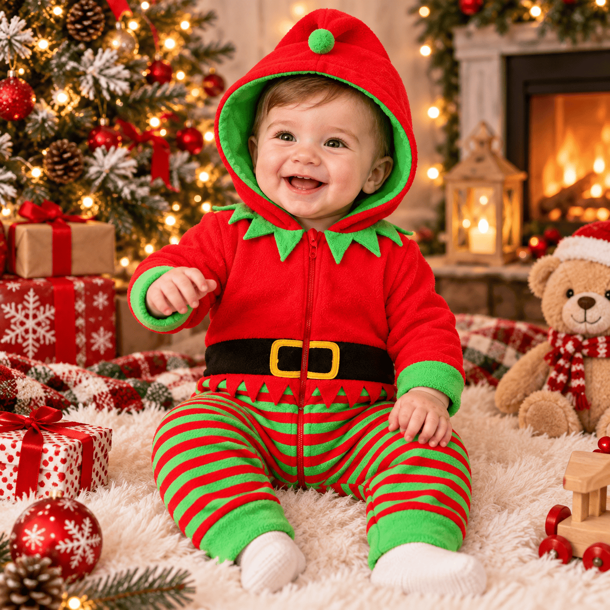 Disfraz navideño de duende para bebé con capucha
