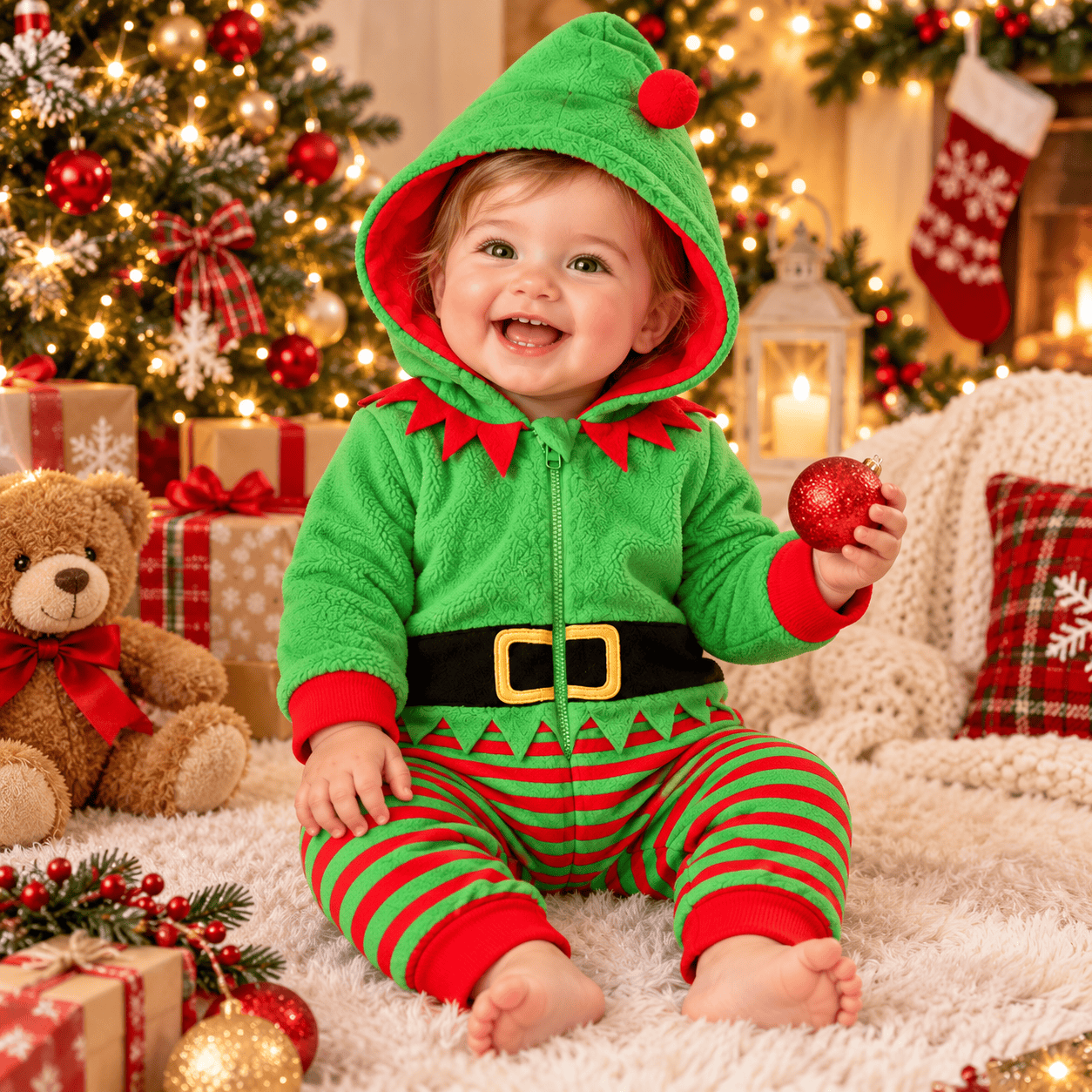 Disfraz navideño de duende para bebé con capucha