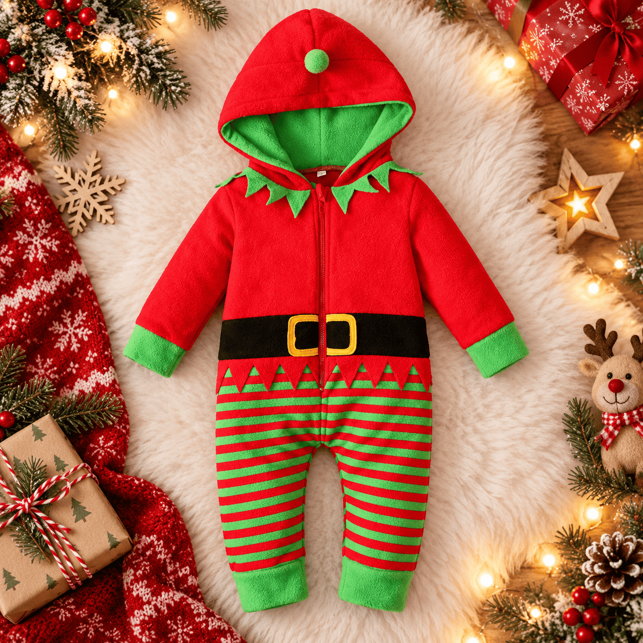 Disfraz navideño de duende para bebé con capucha