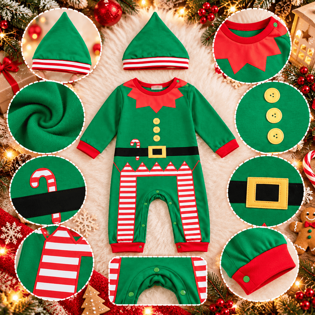 Disfraz de elfo navideño para bebé con gorro color verde