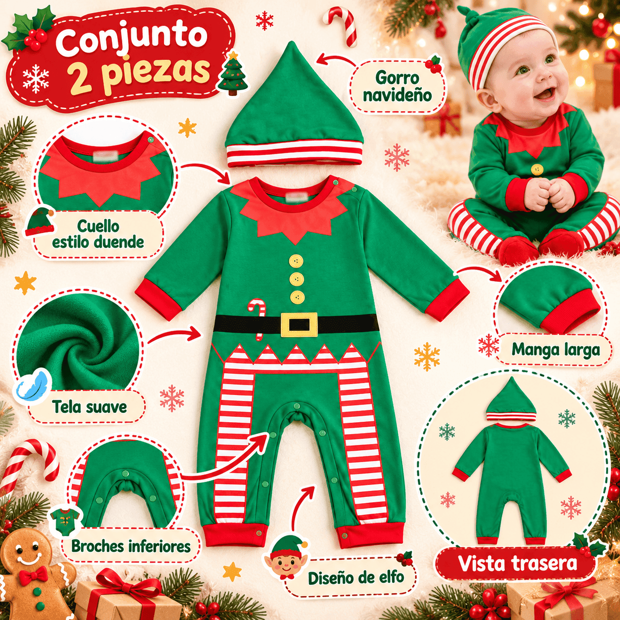 Disfraz de elfo navideño para bebé con gorro color verde