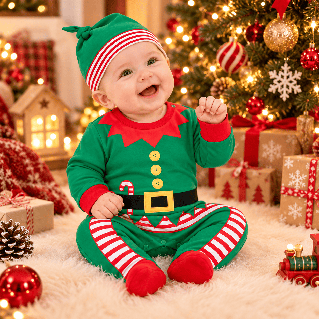 Disfraz de elfo navideño para bebé con gorro color verde