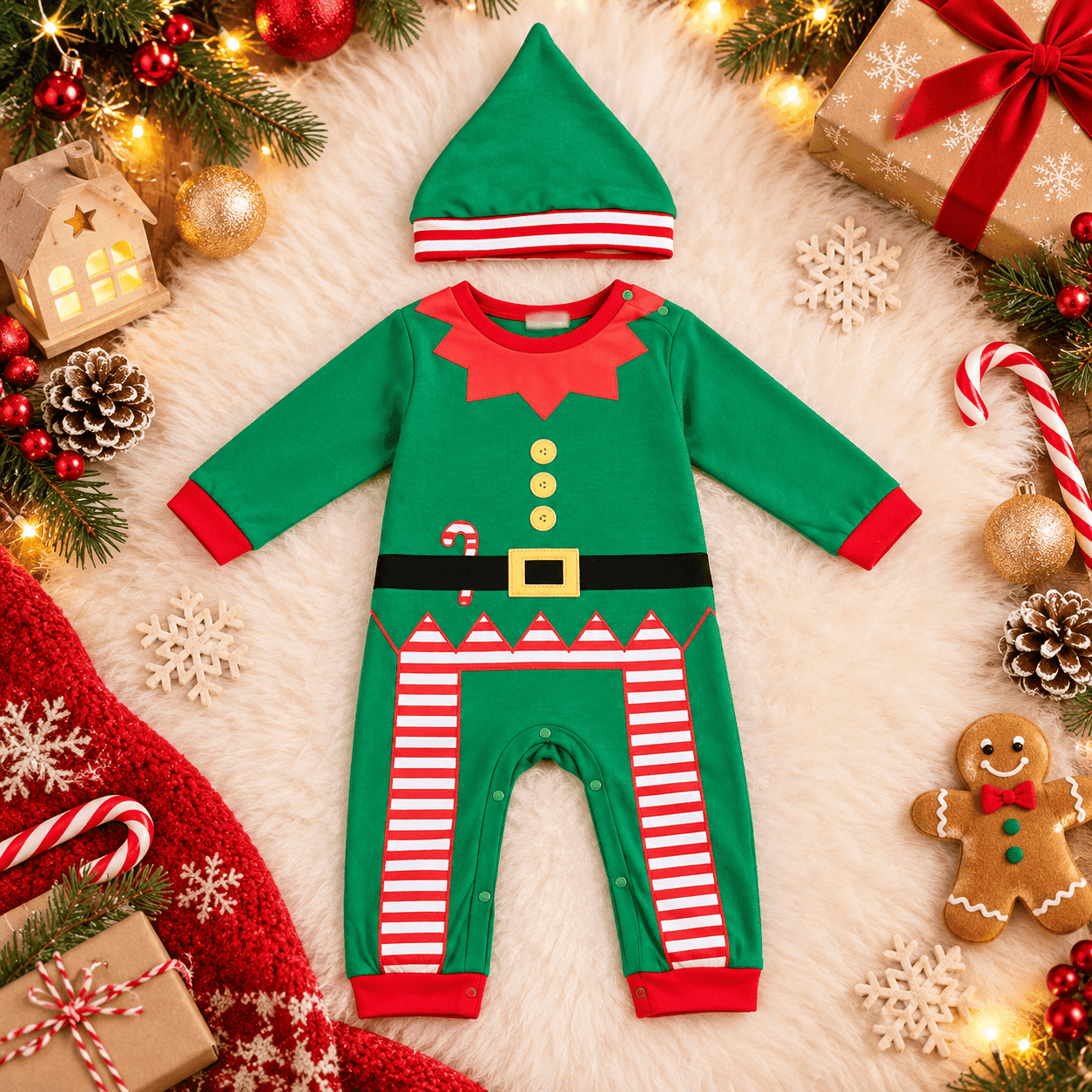 Disfraz de elfo navideño para bebé con gorro color verde