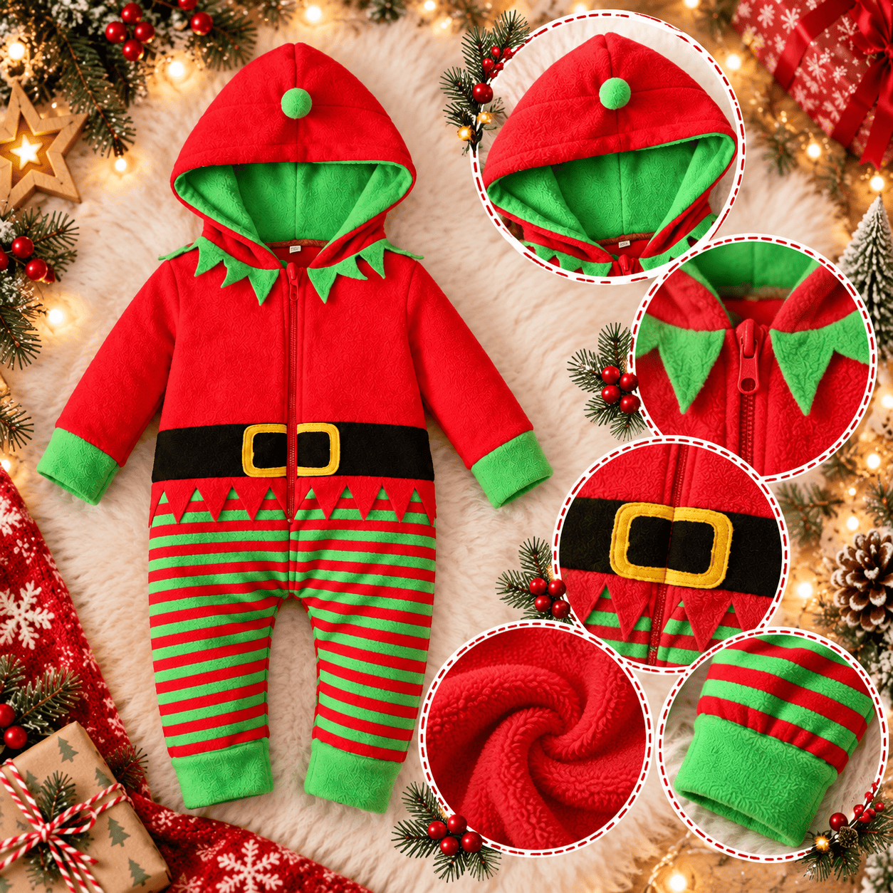 Disfraz navideño de duende para bebé con capucha