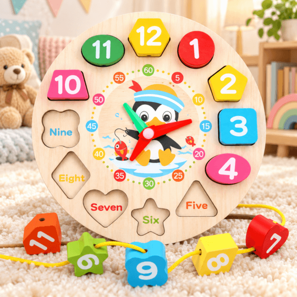 Reloj didáctico de madera con números con pingüino