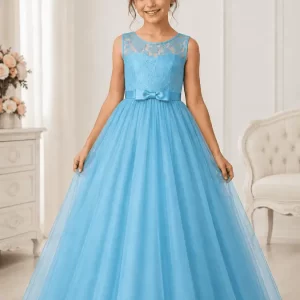 Vestido Largo de Fiesta Infantil con Encaje y Tul