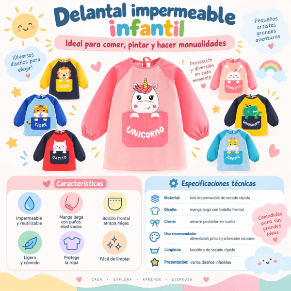 Delantal escolar impermeable de manga larga