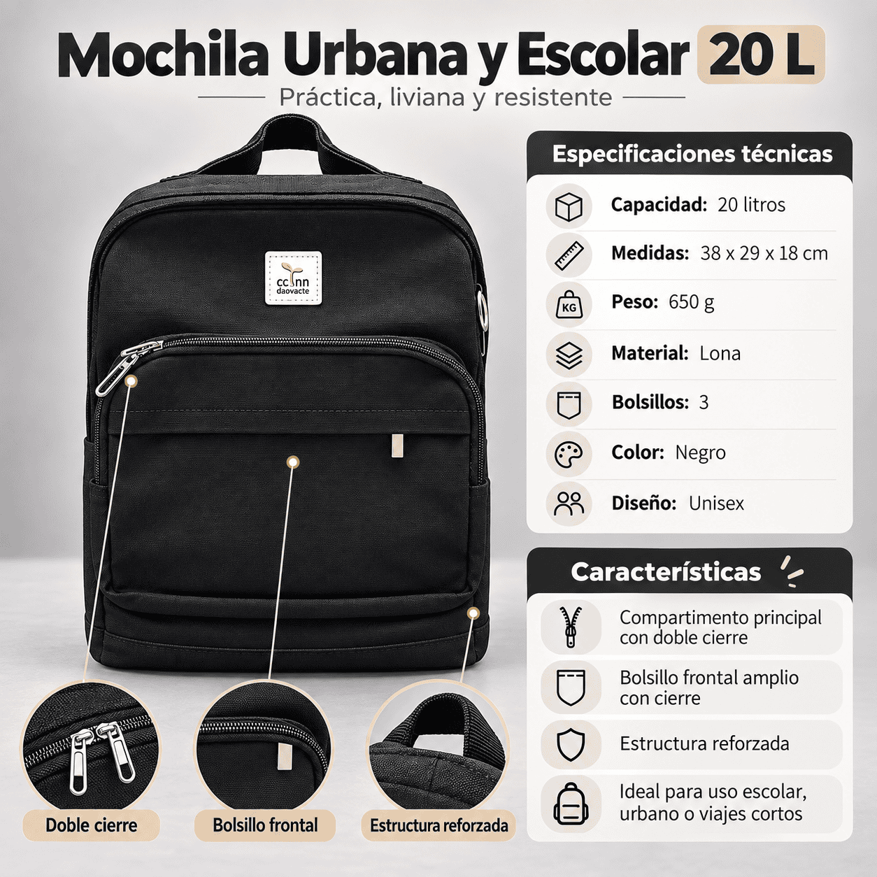 Mochila Urbana y Escolar Davocate 20 L - Imagen 3