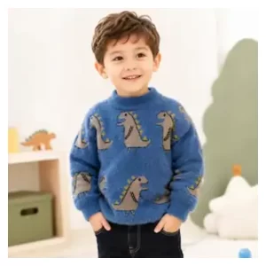 Chaleco tejido peludito dinosaurio para niños color azul